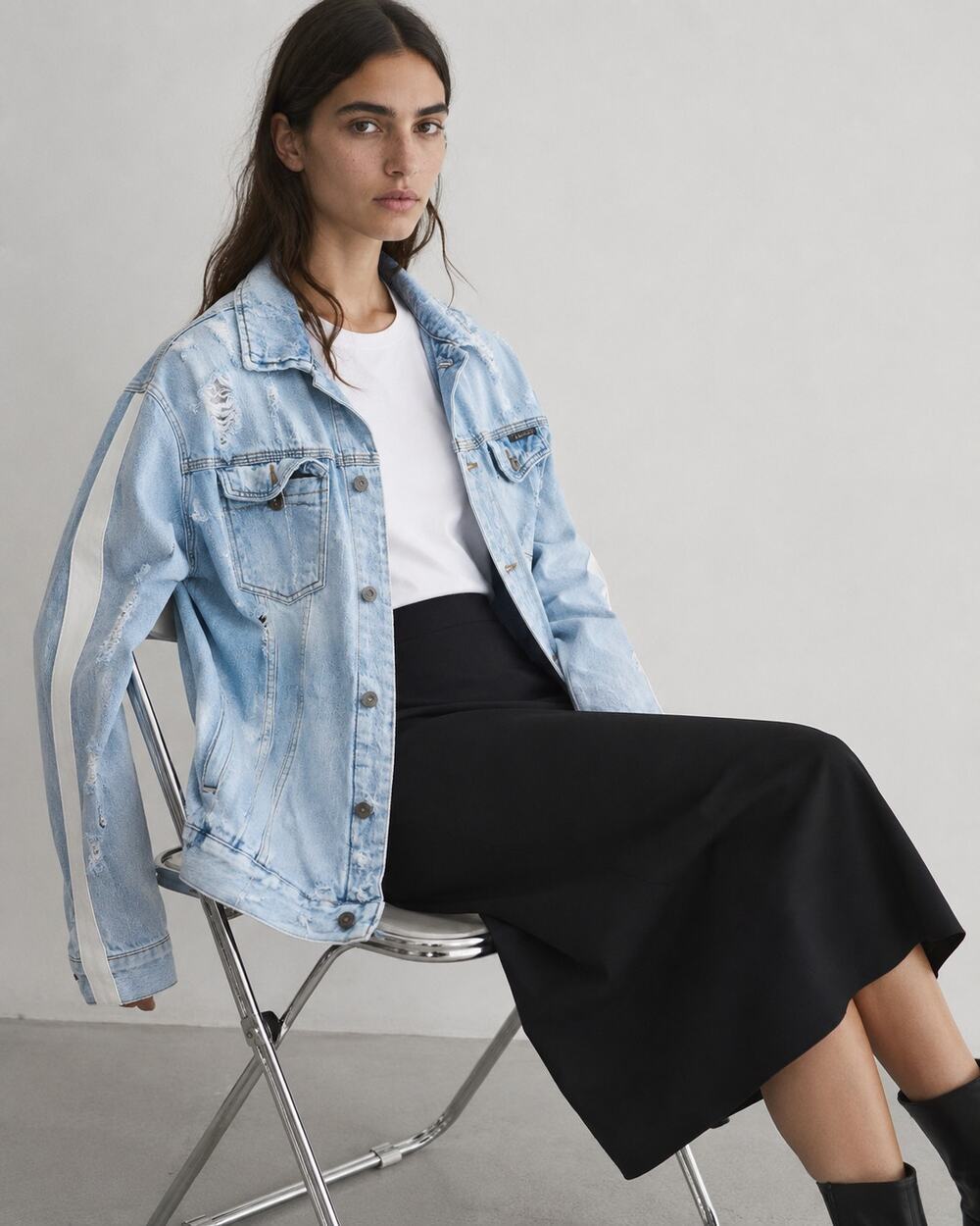 Zara Denim Oversized Striped Distressed Blue Denim Jean Button Jacket, size L